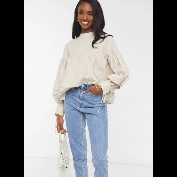 NWT Fashion Union Tall Smock Blouse with Tie Sleeves in Cream Size 6 - Picture 2 of 6